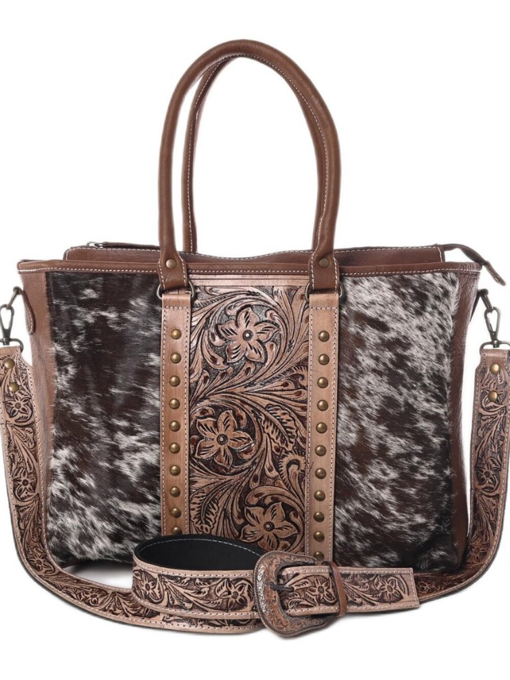 Western Cowhide Hairon Leather Tote Bag for Women With Adjustable Tooled